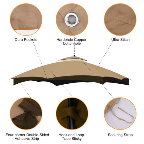 Replacement Canopy Top For 10x12 Gazebo With Double Tier Roof And Air Vent Heavy Duty Waterproof Khaki Cover details and features
