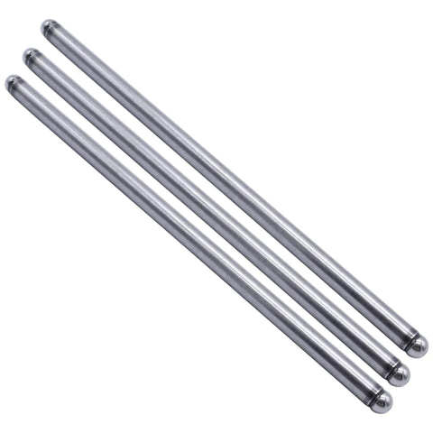 Pro Grade Hardened Steel Pushrods 5/16 Standard 7.800 Length Heavy Duty Valve Lifters angled view showing three sleek, polished pushrods.