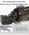 USZWBY Portable Hydraulic Rebar Cutter 900W Handheld Steel Bar Cutting Machine Ideal For 4-16mm Rods showing cutting mechanism and rods.