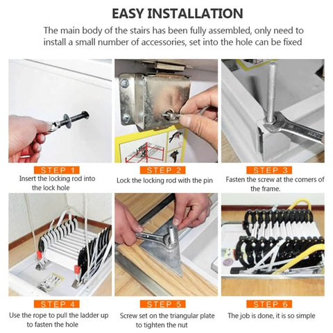Step-by-step installation guide for Built Tough Electric Remote Control Pull Down Attic Ladder with detailed visuals.