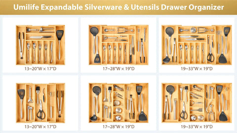 Straight Up Expandable Bamboo Kitchen Drawer Organizer With 2.5 Inch Elevated Sides And Curved Grooves shown with assorted utensils.