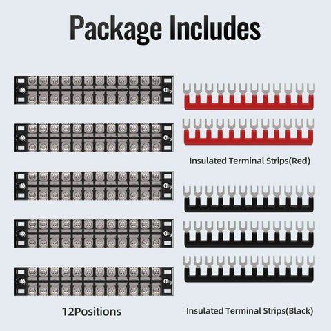 Heavy Duty 15A Screw Terminal Block With 12 Position Dual Row Covered Design Pre Insulated Barrier Strips 12P Plus 5 Wiring Strips Durable PC Housing Dustproof And Scratch Resistant Ideal For Electronics Wiring Harnesses package includes terminal strips in red and black.