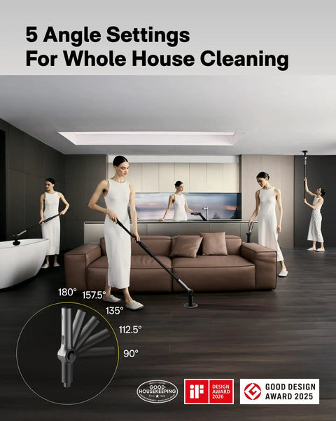 Person demonstrating Cordless Electric Spin Scrubber With Extendable Handle And Adjustable Angle Smart Display in living room