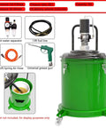 Premium 35 Liter Grease Transfer Pump With 13 Foot Hose And High Pressure Valve For 5 Gallon Drums showing a large green grease pump with hoses and fittings.