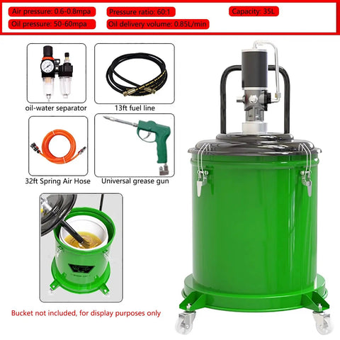 Premium 35 Liter Grease Transfer Pump With 13 Foot Hose And High Pressure Valve For 5 Gallon Drums showing a large green grease pump with hoses and fittings.