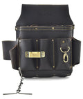 10 Pocket Electrician's Tool Pouch built from full grain oiled leather with heavy duty construction, front view showing pockets