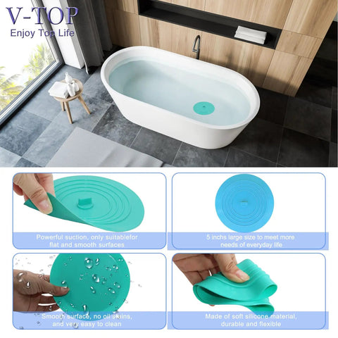 Slick Silicone Tub Stopper Two Pack, 5 Inch Flat Suction Bath Plug With Heavy Grip in teal on a bathtub.