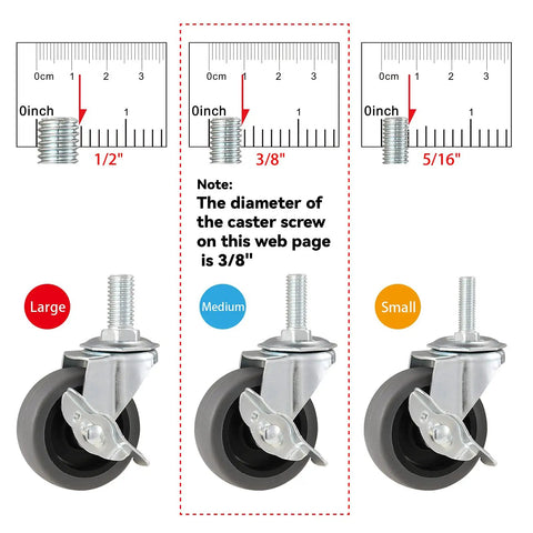 Top Notch 3 Inch Silent Swivel Caster Wheels With Locking Brake And Quick Threaded Stem Mount sizes comparison with diameter measurements.