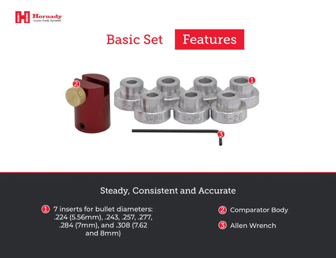 Bullet Comparator Basic Set for Lock N Load, featuring seven inserts, comparator body, and Allen wrench for precise measurement.