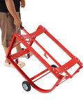 Heavy Duty Steel Drum Cradle For 55 Gallon Barrels With Retractable Lever And Rock Solid Build, being wheeled for easy transport.