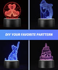 DIY Acrylic Night Light Kit With 48 Clear Sheets, 12 3D LED Lamp Bases, Remote Control And USB Cable, Create Custom Night Lights For Restaurant Bar Cafe Room Decor, Rectangular Display featuring four engraved acrylic patterns on LED bases.