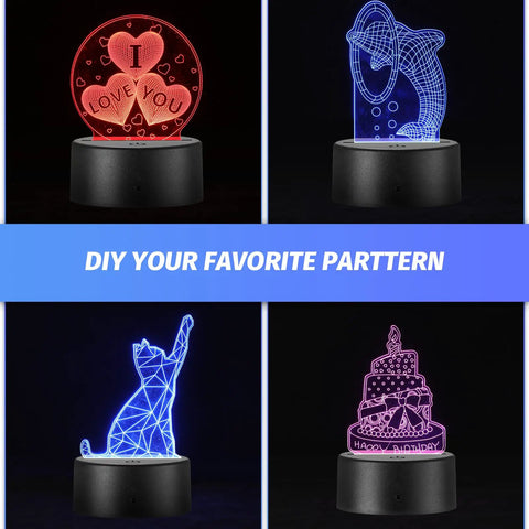 DIY Acrylic Night Light Kit With 48 Clear Sheets, 12 3D LED Lamp Bases, Remote Control And USB Cable, Create Custom Night Lights For Restaurant Bar Cafe Room Decor, Rectangular Display featuring four engraved acrylic patterns on LED bases.