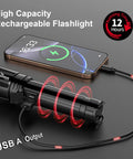 Beast Bright 10000 Lumen Flashlight Rechargeable 30W USB-C Handheld LED Light with 5000 foot beam charging a phone via USB