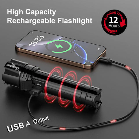Beast Bright 10000 Lumen Flashlight Rechargeable 30W USB-C Handheld LED Light with 5000 foot beam charging a phone via USB
