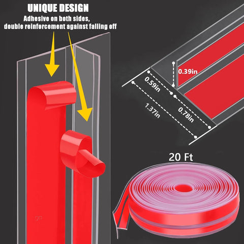 Red T-shaped door draft stopper installed on door frame with clear silicone weather strip; 20 ft roll