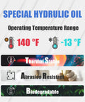 Special hydraulic oil features: 140°F to -13°F temperature, thermal stability, abrasion resistance, biodegradable.