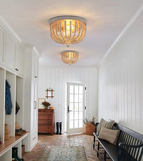 Boho Wood Bead Chandelier With Oak Finish Two Light Semi Flush Mount For Nursery Baby Room Kitchen And Hallway Natural Beaded Ceiling Fixture