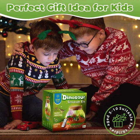 Awesome Dinosaur Light Up Terrarium Kit For Kids With Led Night Light And Remote DIY arts and crafts gift box shown with two children