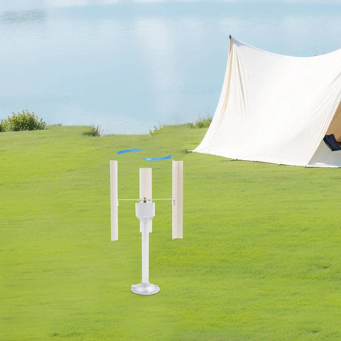 Vertical Axis Wind Turbine Kit 12V 40W with 3 Phase Permanent Magnet Motor, low noise ABS blades, outdoor setup near a tent