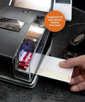 Built Like A Tank Heavy Duty 100 Pack Time Cards For CR1000 Digital Time Clock printing in use on a desk with a clock.