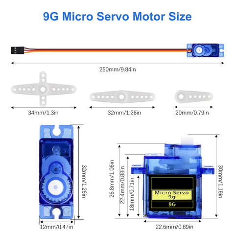 Dimensions and components of 9G Micro Servo in 10 Pack 9G Micro Servo Motors For Small RC Helicopters Cars Boats Drones And Robotic Arms