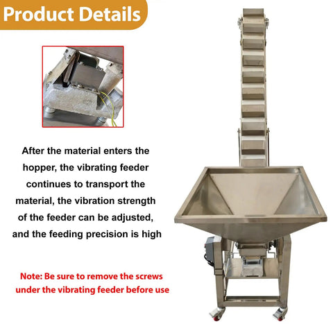 Dinenovate Heavy Duty Z Type Bucket Elevator 6.5ft Lifting Height Stainless Steel Conveyor for Farm or Factory Bulk Material Handling 220V with hopper and vibrating feeder