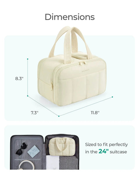 Lightweight Puffy Travel Toiletry Bag For Women With Handle Must Have Large Cosmetic Organizer dimensions shown