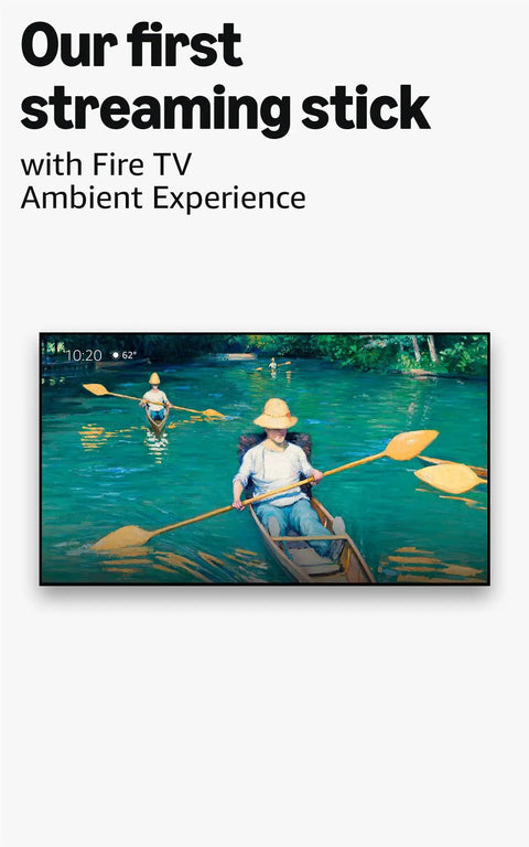 Next Level 4K Streaming Device With AI Powered Search And Wifi 6E Support For Crisp Live TV Without Cable Or Satellite Plus Voice Guided Home Theater Setup For Chill Binge Watching Nights displayed on TV with painting scenery.