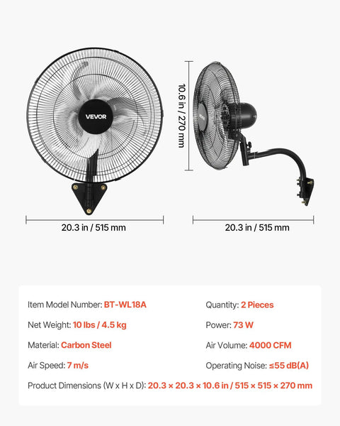 18 Inch Wall Mount Oscillating Fan With 3 Speed Settings, Carbon Steel, Side and Front View, Industrial Grade, 2 Pack