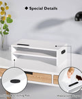 Wooden Monitor Stand Riser With Two Tier Desk Shelf And Cable Management Phone Holder And Eco Friendly White Finish Ergonomic Computer Desk Organizer To Reduce Strain For Home Office And Workstation 16.5 Inch on a desk.