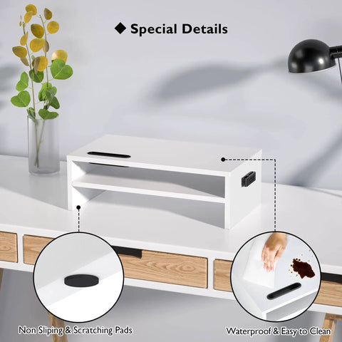Wooden Monitor Stand Riser With Two Tier Desk Shelf And Cable Management Phone Holder And Eco Friendly White Finish Ergonomic Computer Desk Organizer To Reduce Strain For Home Office And Workstation 16.5 Inch on a desk.