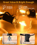 Close-up of 100ft Outdoor String Lights Two Pack 50ft Each Waterproof Connectable Dimmable With 52 LED Shatterproof Bulbs glowing