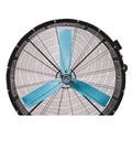 Heavy Duty Industrial Floor Fan Featuring Three Aluminum Blades And Smooth Rolling Wheels That Crush The Heat And Deliver Instant Whole Room Cooling For Garage Or Home Office Setup, top view.