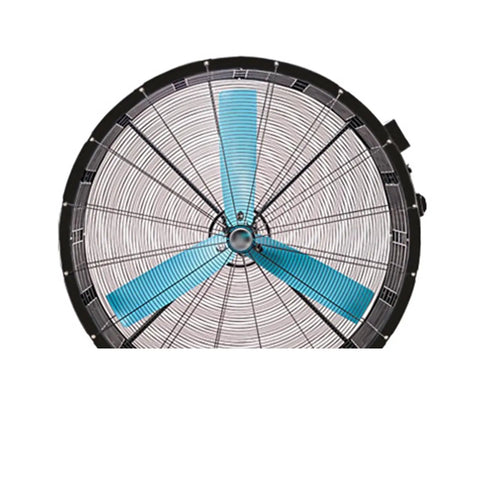 Heavy Duty Industrial Floor Fan With Three Sturdy Aluminum Blades And Rust Proof Steel Build viewed from front angle, showcasing blue blades.