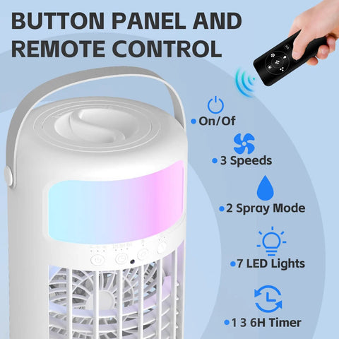 Game Changer 4 In 1 Portable Air Conditioner Humidifier Fan With Remote displaying button panel and features