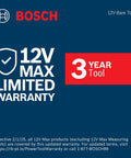 Compact 12 Volt Max Brushless Right Angle Die Grinder With Variable Speed Trigger And Five Speed Options warranty information on blue background.