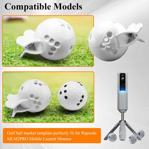 White Golf Ball Marker Template For Rapsodo MLM2PRO Mobile Launch Monitor on grass, showing alignment and design details