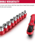 Red mini ratchet and socket set from 128 Piece Home Repair Tool Set For Everyday DIY, The Ultimate Homeowner Toolkit With Storage Toolbox.