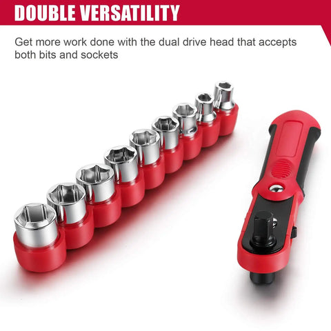 Red mini ratchet and socket set from 128 Piece Home Repair Tool Set For Everyday DIY, The Ultimate Homeowner Toolkit With Storage Toolbox.