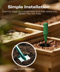 Gen2 Smart Soil Moisture Sensor With Capacitive Sensing in garden box, showing installation with shovel and soil.