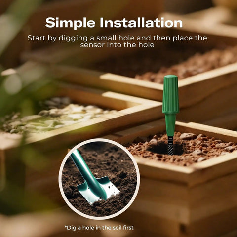 Gen2 Smart Soil Moisture Sensor With Capacitive Sensing in garden box, showing installation with shovel and soil.
