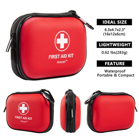 Red mini first aid kit in a waterproof hard-shell case; compact portable medical kit, front view