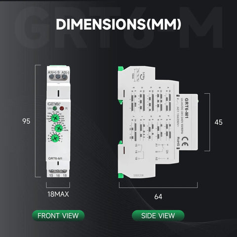 Dimensions of 10A Multifunction Delay Time Relay with 10 time functions, AC DC 24V 240V universal control relay, front and side view