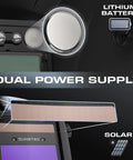 Close-up of True Color Auto Darkening Welding Helmet's dual power supply, showing lithium battery and solar panel components.
