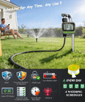 Four Zone Smart Sprinkler Timer With IP65 Waterproof Hose Timer in garden setup with LCD display and hose connection