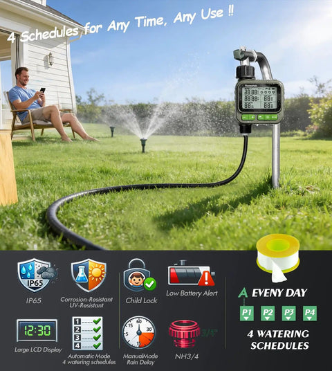 Four Zone Smart Sprinkler Timer With IP65 Waterproof Hose Timer in garden setup with LCD display and hose connection