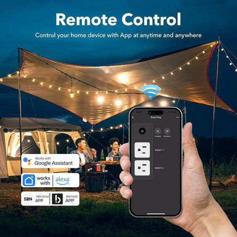 Hand holding phone controlling Outdoor Smart WiFi Plug Outlet With Heavy Duty Grounded Outlet under lit canopy, camping scene.