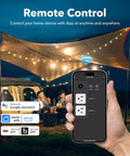 Person using phone app to control Outdoor Smart WiFi Plug With Heavy Duty Timer And Grounded Outlet, 2 Pack in campsite