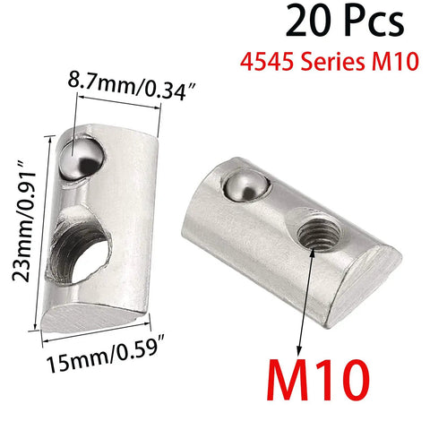 Heavy Duty Tough As Nails Twenty Pack M10 T Spring Nuts Roll In Post Assembly Hammer Head Fasteners Drop In T Slot For 45 Series Aluminum Extrusion Gear, nickel plated, sizing details shown.
