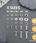 All In One M2 To M5 Metric Hex Nut Bolt Screw Set For Electronics, 3D Printing, Furniture, And Repairs, Includes M2 M3 M4 M5 Nuts And Bolts For Precise Projects, Great For DIYers, Makers, And Small Workshops. Silver M2-M5 metric hex nuts, bolts, and washers arranged by size